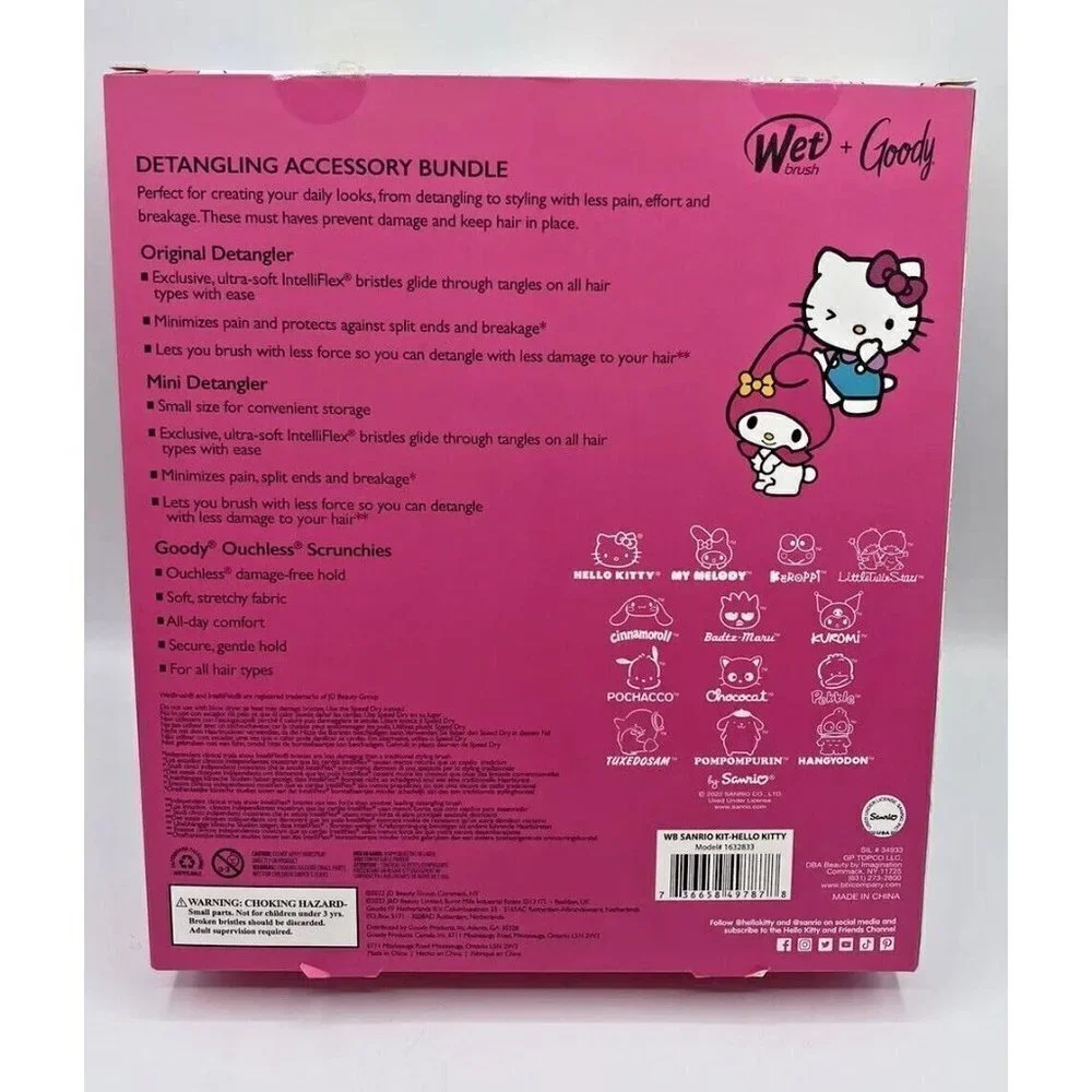 Sanrio Hello Kitty Wet Brush Original Detangler Girls Hair Brush Set No Ties